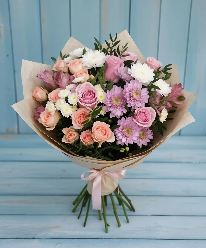 Букет цветов из: Хризантемы, Розы и Альстромерии в Бужарово