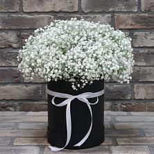 Цветочная композиция из Гипсофила в шляпной коробке в Бужарово