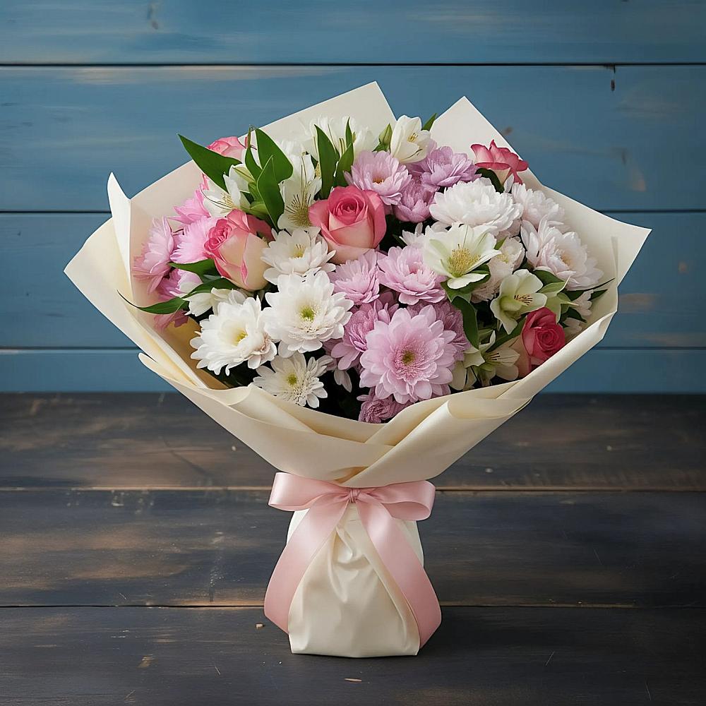 Букет цветов из: Хризантемы, Альстромерии и Розы в Бужарово